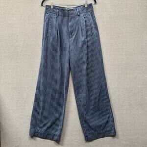 Everlane Way High Drape Pant Navy Pinstripe 4S Wide Leg Preppy Tencel Cotton